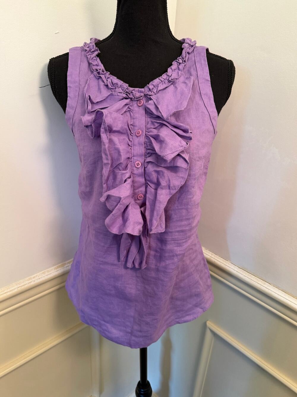 Marina Luna Sleeveless Ruffle-Front Linen Blouse Button Up Lightweight Regency